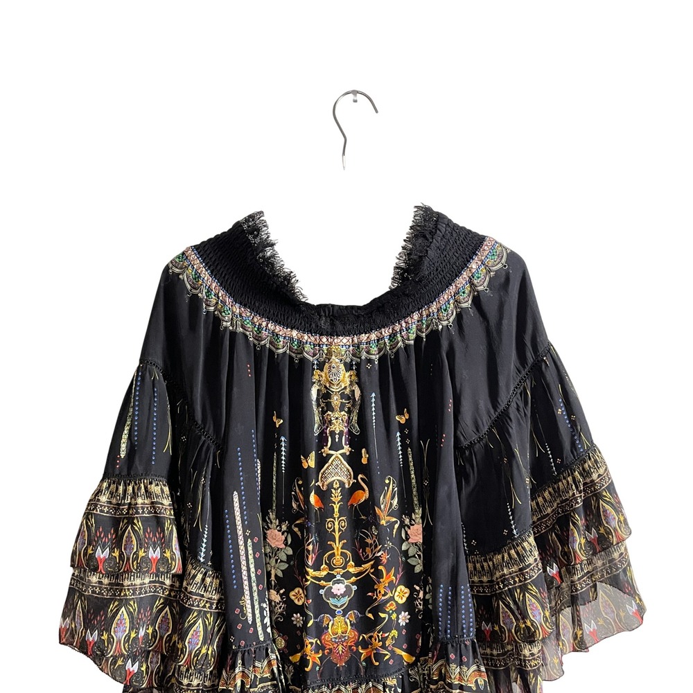 Camilla Rebelle Off Shoulder Beaded 100% Silk Dress Bell Sleeves Flowy XS Black - Picture 9 of 11